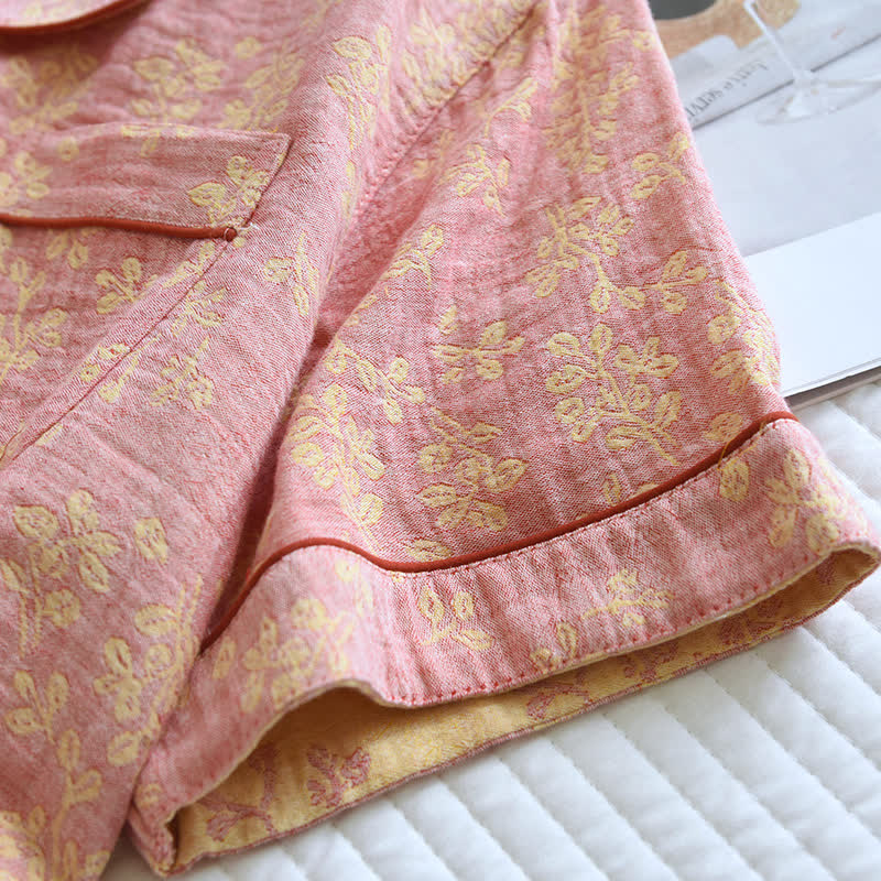 Ensemble pyjama à revers fleuris en jacquard de coton teint en fil