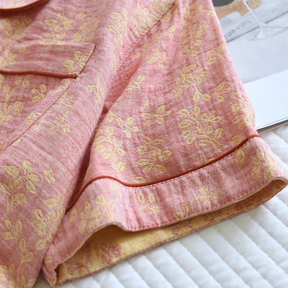 Ensemble pyjama à revers fleuris en jacquard de coton teint en fil