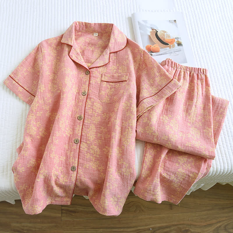 Ensemble pyjama à revers fleuris en jacquard de coton teint en fil
