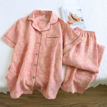 Ensemble pyjama à revers fleuris en jacquard de coton teint en fil