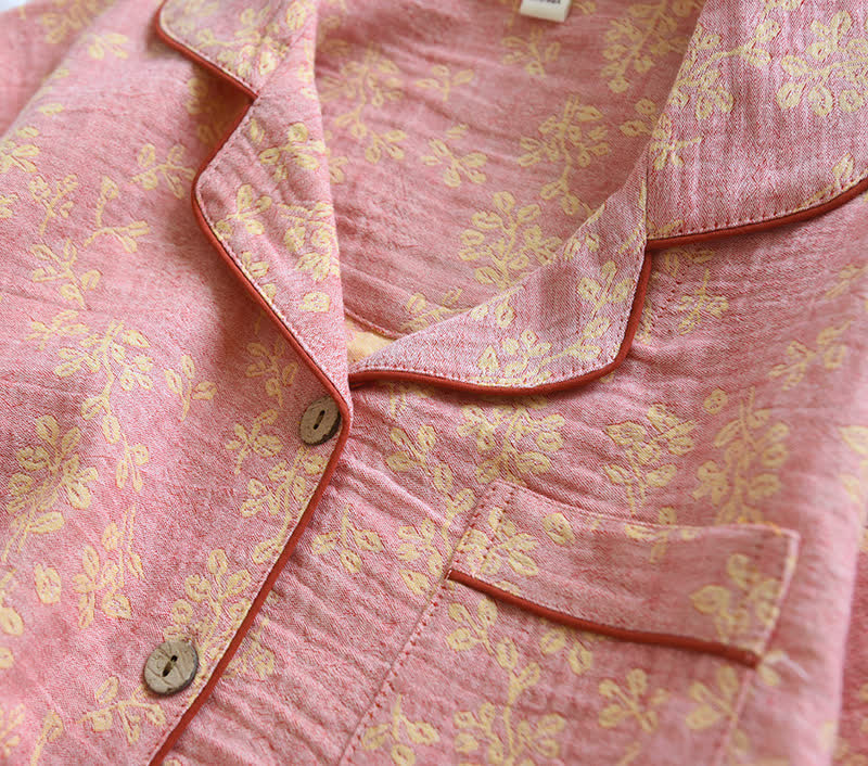 Ensemble pyjama à revers fleuris en jacquard de coton teint en fil