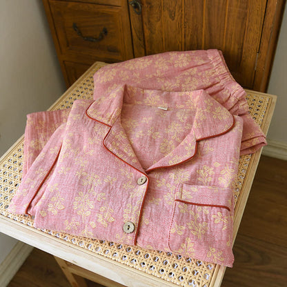 Ensemble pyjama à revers fleuris en jacquard de coton teint en fil