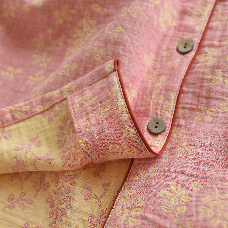 Ensemble pyjama à revers fleuris en jacquard de coton teint en fil