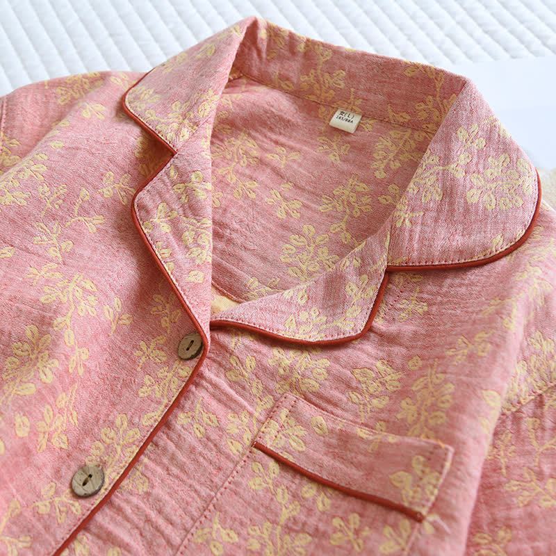 Ensemble pyjama à revers fleuris en jacquard de coton teint en fil