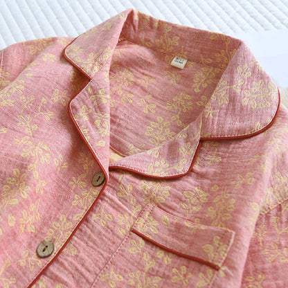 Ensemble pyjama à revers fleuris en jacquard de coton teint en fil