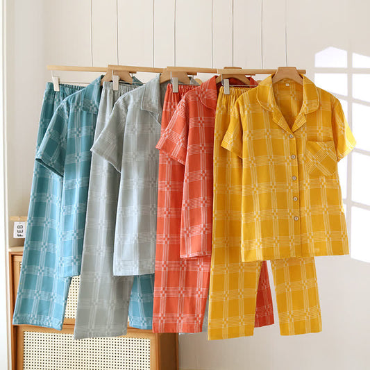 Ensemble de vêtements d'intérieur unisexe en coton teint à carreaux