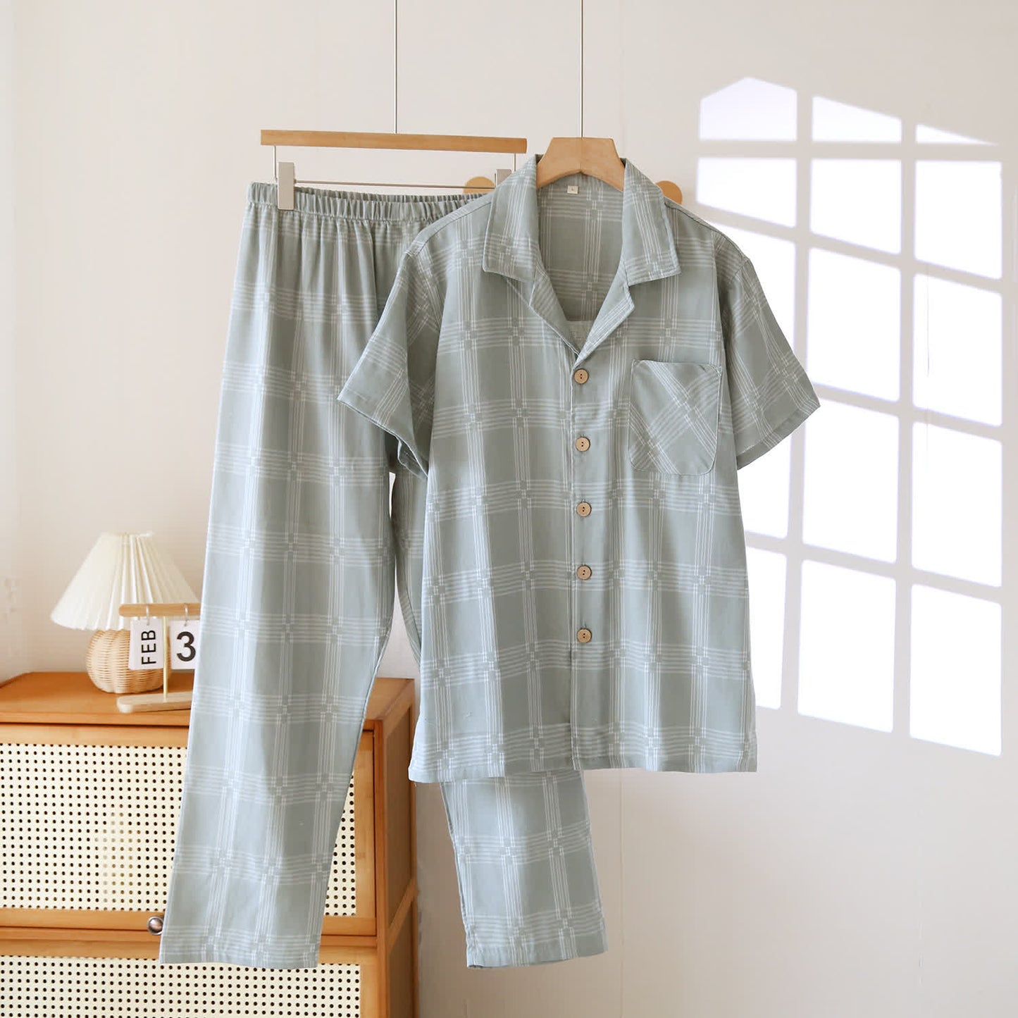Ensemble de vêtements d'intérieur unisexe en coton teint à carreaux