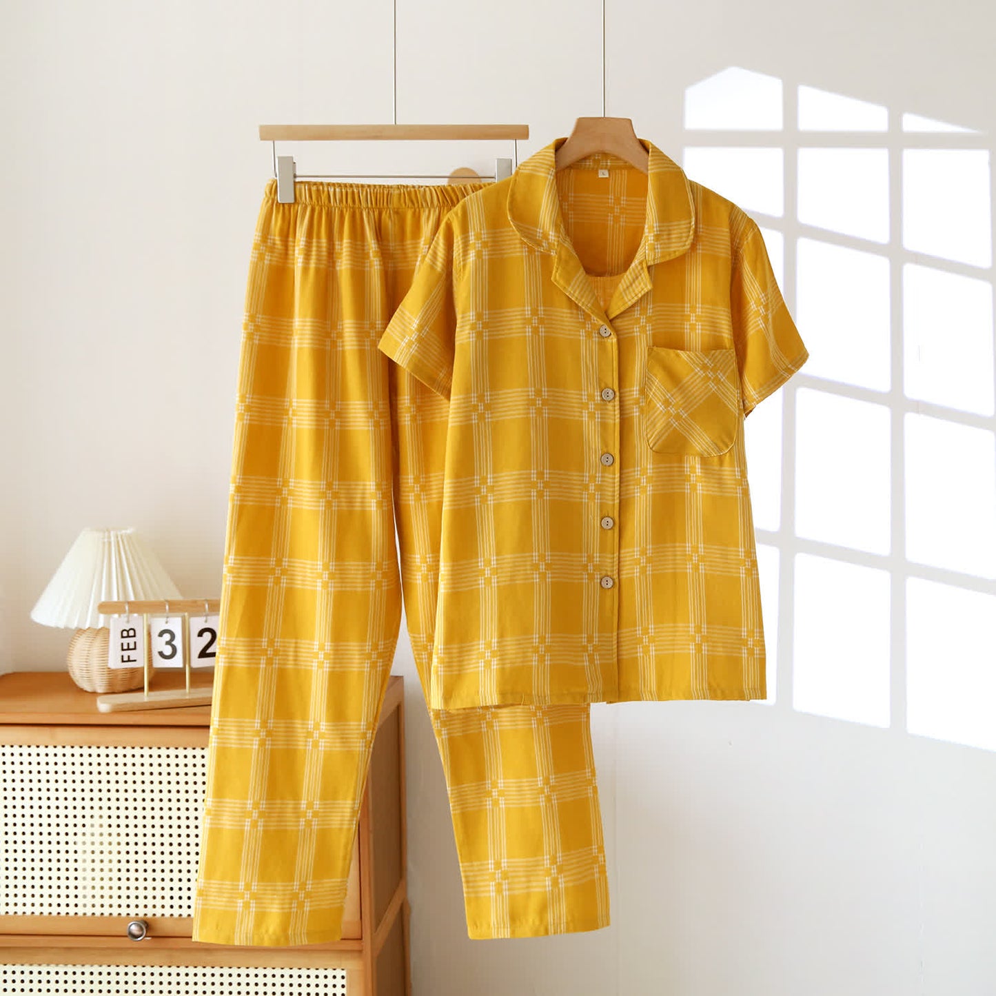 Ensemble de vêtements d'intérieur unisexe en coton teint à carreaux