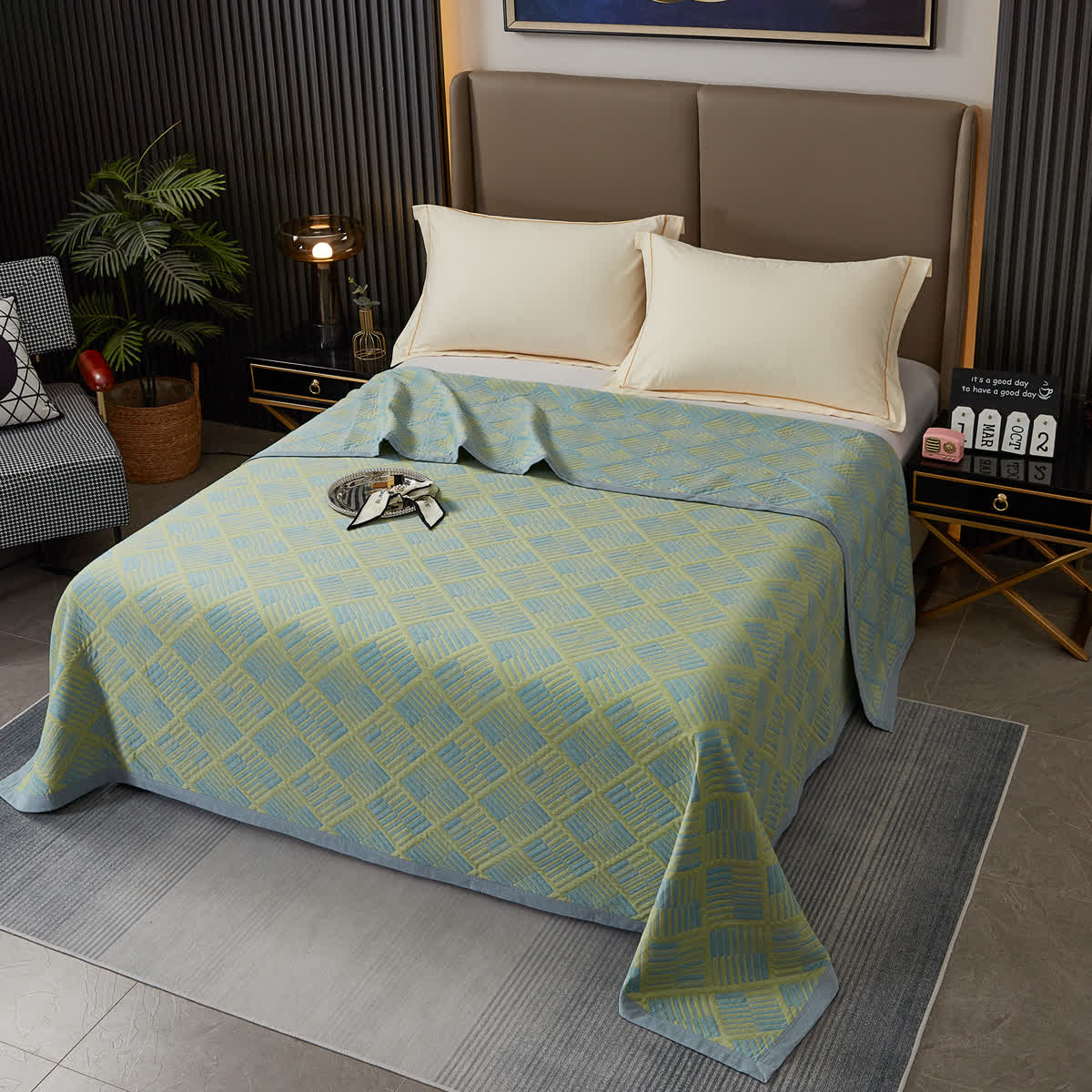 Couette géométrique à motif de losanges et coton teint en fil