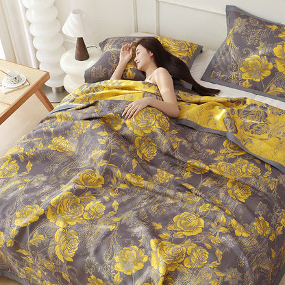 Couette réversible en jacquard de coton à motif pivoine