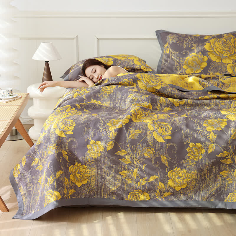 Couette réversible en jacquard de coton à motif pivoine