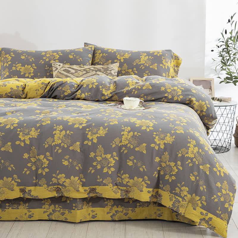 Parure de lit en gaze de coton jacquard rustique à motif floral (4 pièces)