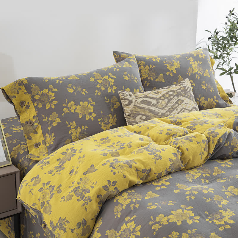 Parure de lit en gaze de coton jacquard rustique à motif floral (4 pièces) - image 2