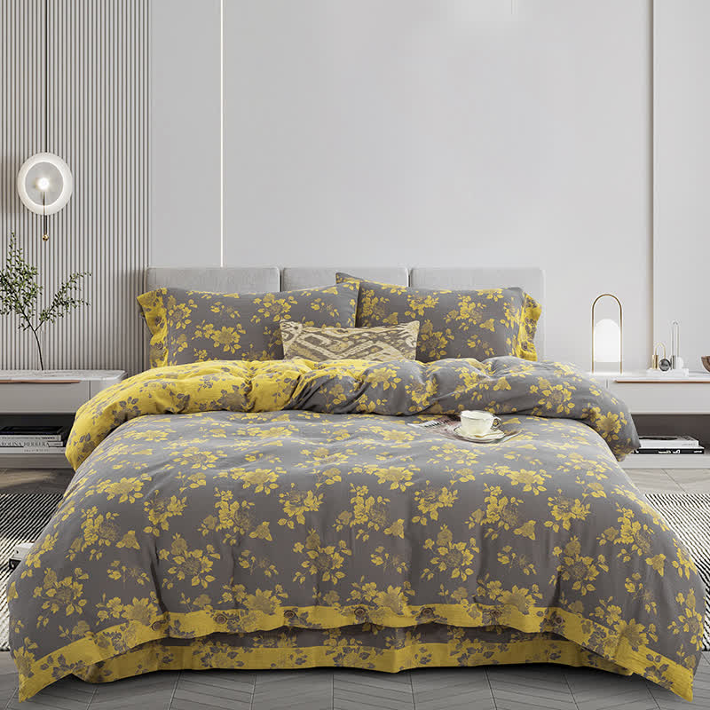 Parure de lit en gaze de coton jacquard rustique à motif floral (4 pièces)