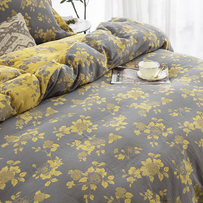 Parure de lit en gaze de coton jacquard rustique à motif floral (4 pièces)