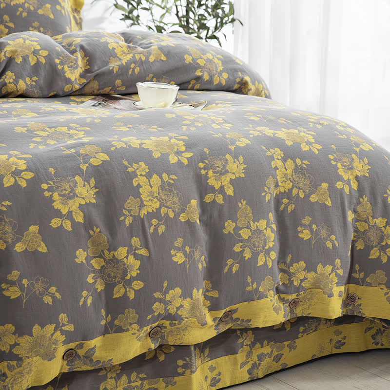 Parure de lit en gaze de coton jacquard rustique à motif floral (4 pièces)