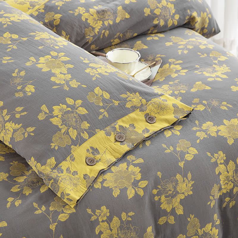 Parure de lit en gaze de coton jacquard rustique à motif floral (4 pièces)