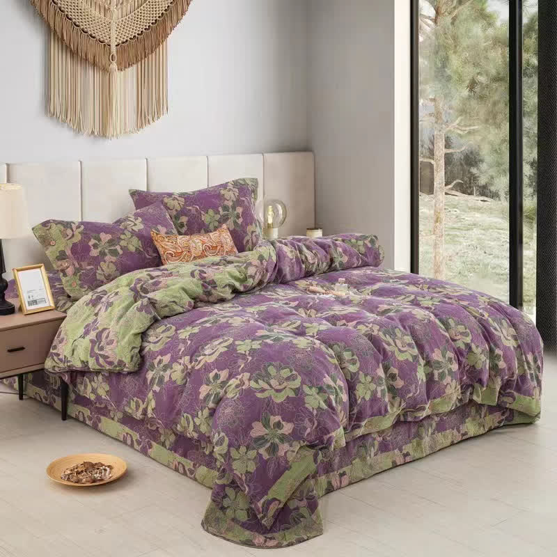 Parure de lit réversible en gaze de coton jacquard à motif floral (4 pièces)