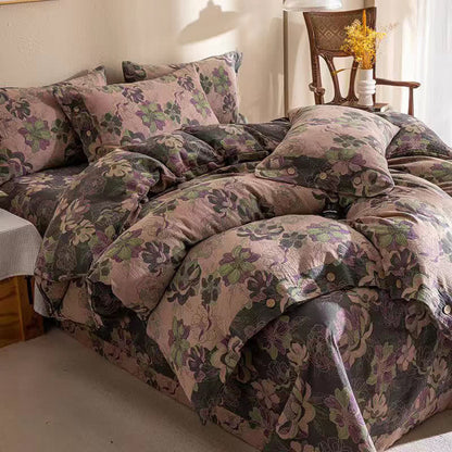 Parure de lit réversible en gaze de coton jacquard à motif floral (4 pièces)