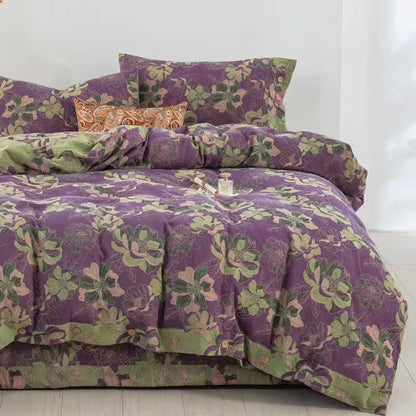 Parure de lit réversible en gaze de coton jacquard à motif floral (4 pièces)