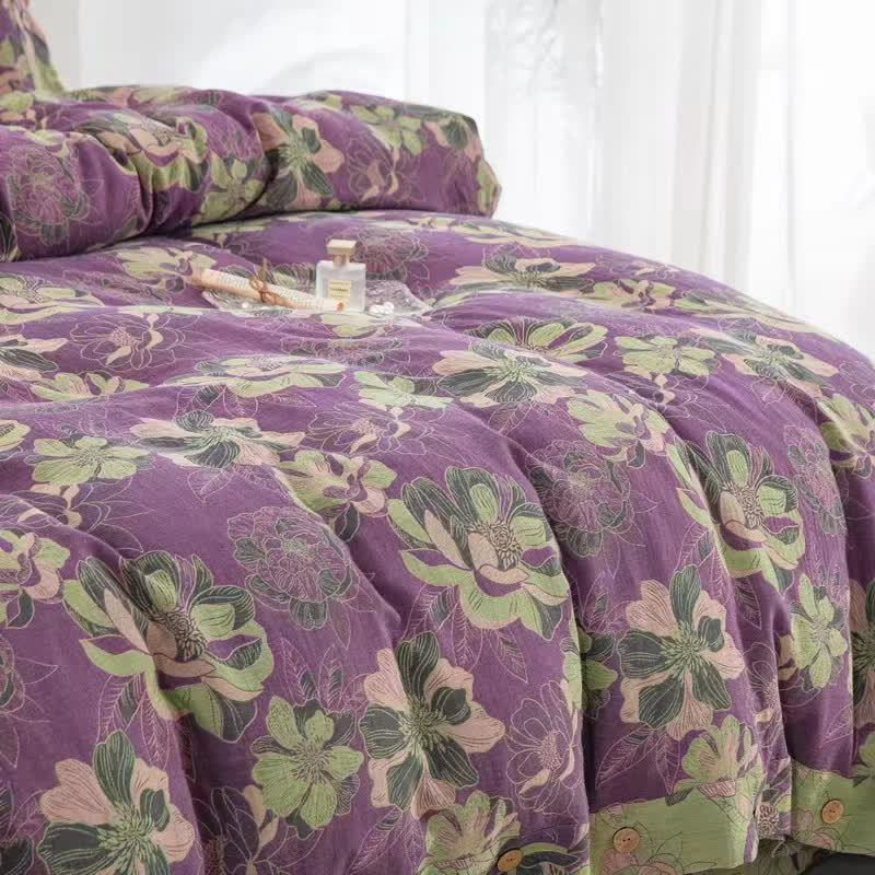 Parure de lit réversible en gaze de coton jacquard à motif floral (4 pièces)