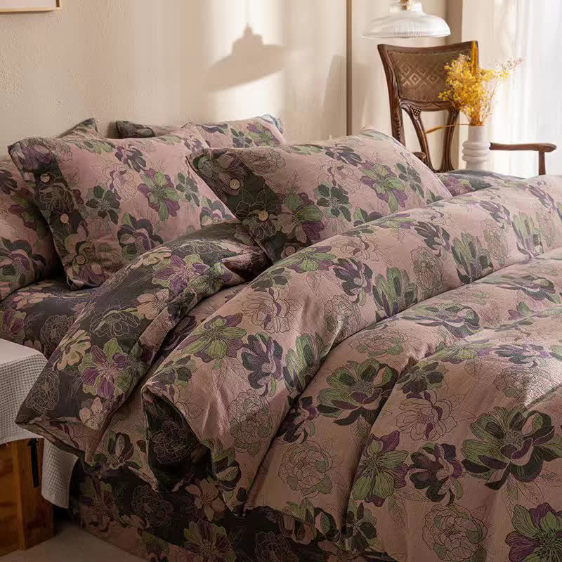 Parure de lit réversible en gaze de coton jacquard à motif floral (4 pièces)