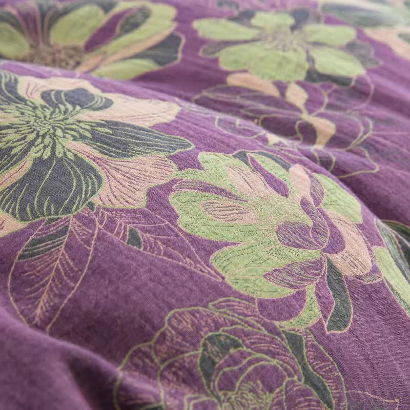 Parure de lit réversible en gaze de coton jacquard à motif floral (4 pièces)