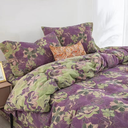 Parure de lit réversible en gaze de coton jacquard à motif floral (4 pièces)