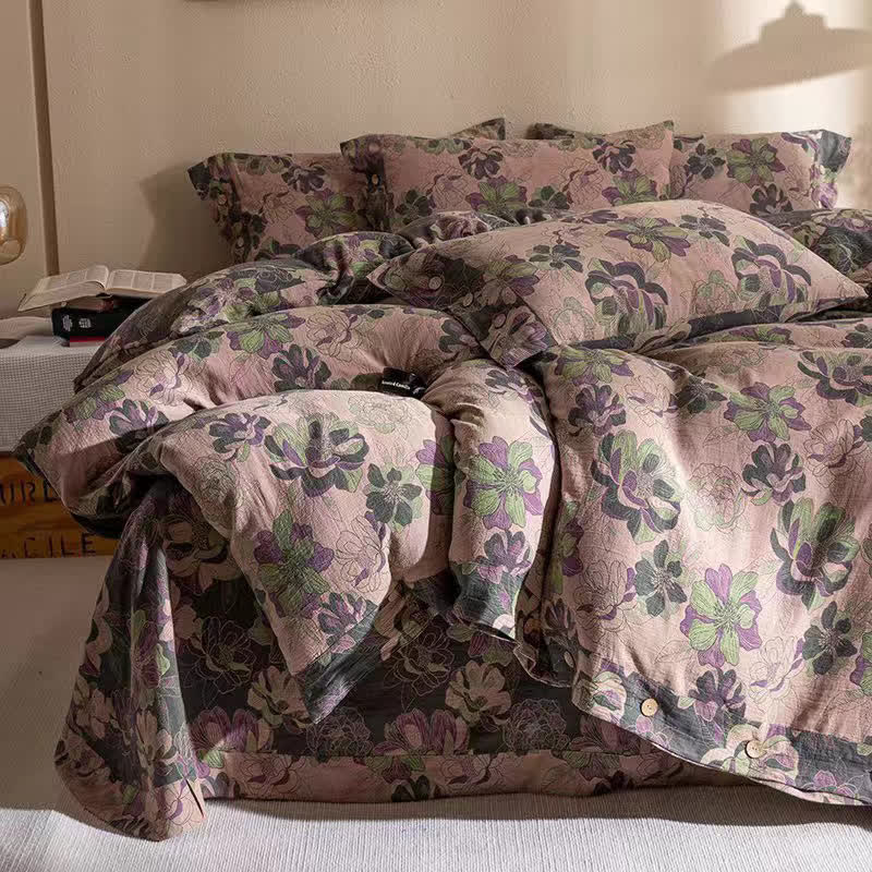 Parure de lit réversible en gaze de coton jacquard à motif floral (4 pièces)
