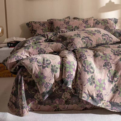 Parure de lit réversible en gaze de coton jacquard à motif floral (4 pièces)