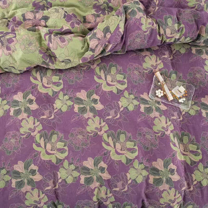 Parure de lit réversible en gaze de coton jacquard à motif floral (4 pièces)