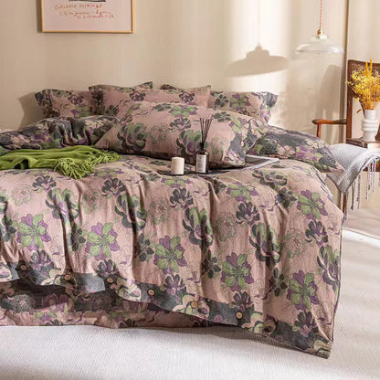 Parure de lit réversible en gaze de coton jacquard à motif floral (4 pièces)