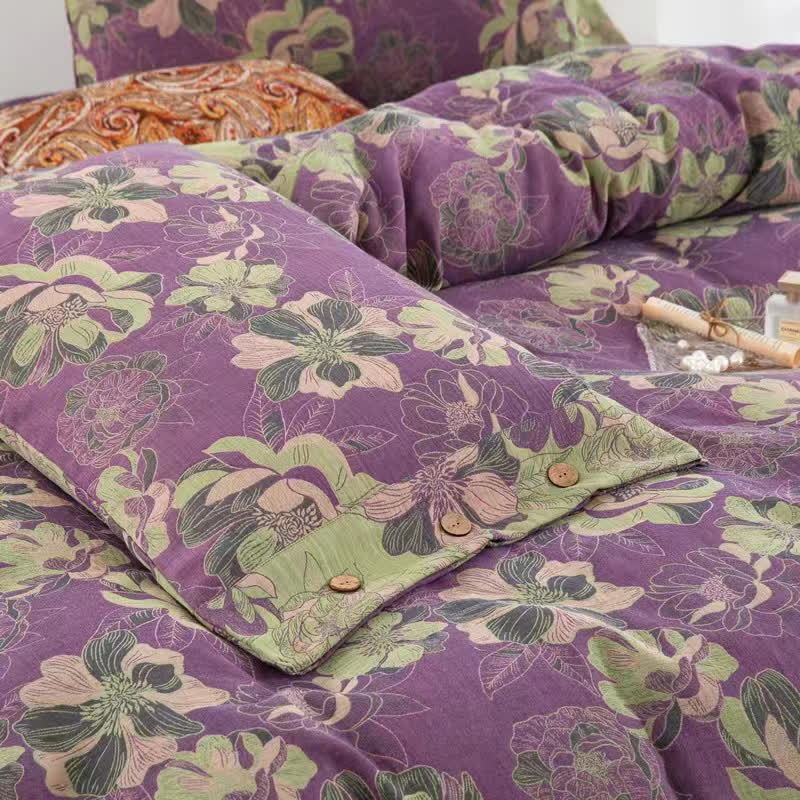 Parure de lit réversible en gaze de coton jacquard à motif floral (4 pièces)