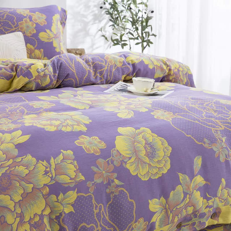 Parure de lit jacquard en gaze de coton à motif pivoine (4 pièces)