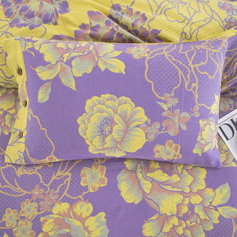 Parure de lit jacquard en gaze de coton à motif pivoine (4 pièces)