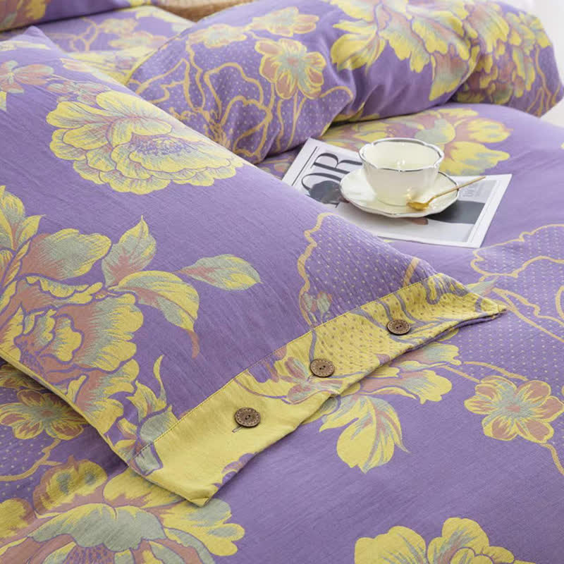 Parure de lit jacquard en gaze de coton à motif pivoine (4 pièces)