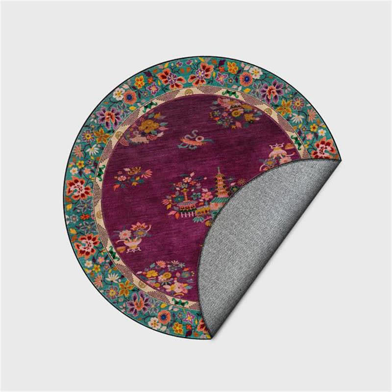 Tapis rond vintage d'intérieur/extérieur à motif floral