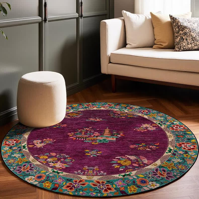 Tapis rond vintage d'intérieur/extérieur à motif floral