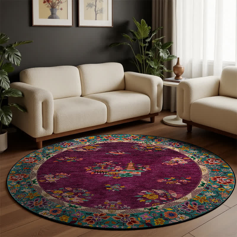 Tapis rond vintage d'intérieur/extérieur à motif floral