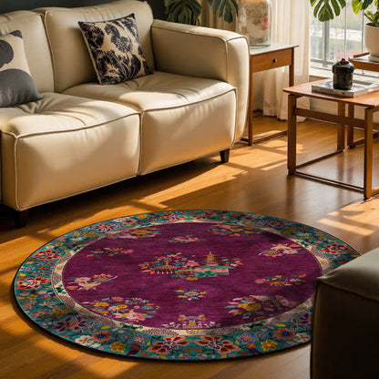 Tapis rond vintage d'intérieur/extérieur à motif floral
