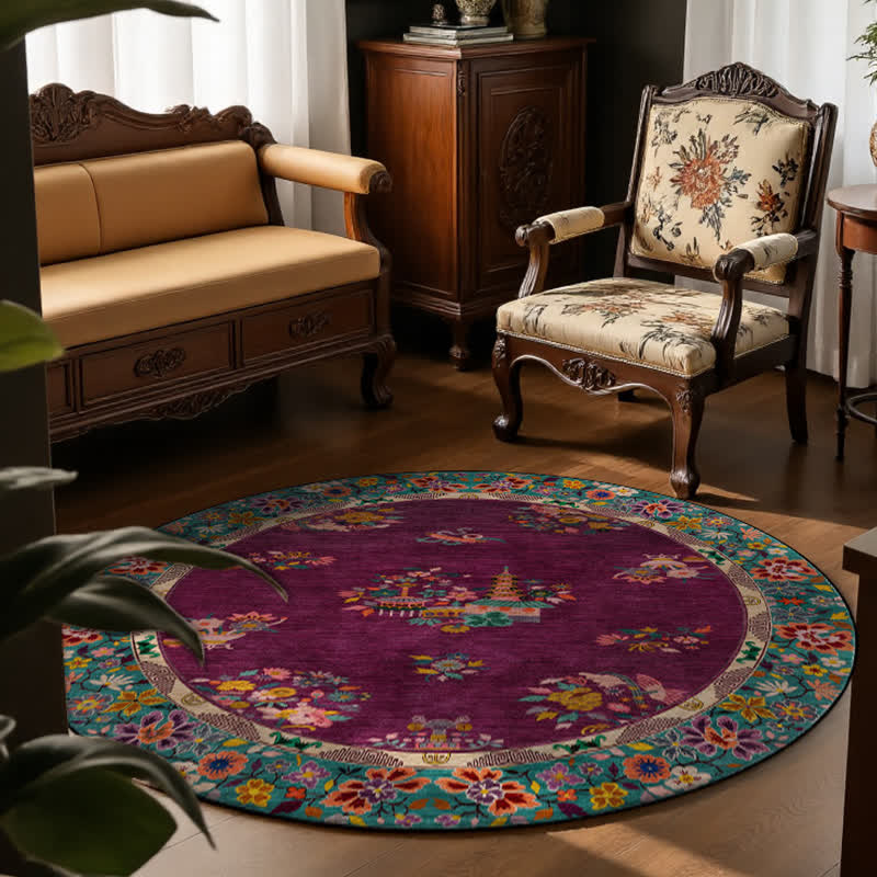 Tapis rond vintage d'intérieur/extérieur à motif floral