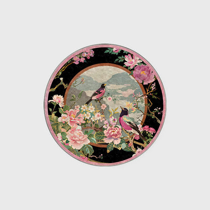 Tapis rond antidérapant avec motif de fleurs et d'oiseaux