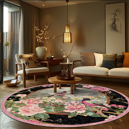 Tapis rond antidérapant avec motif de fleurs et d'oiseaux