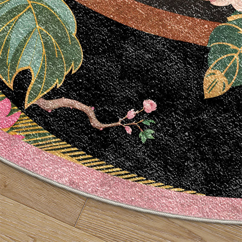 Tapis rond antidérapant avec motif de fleurs et d'oiseaux