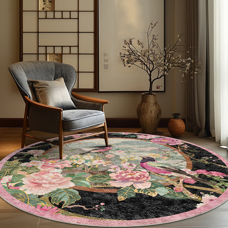 Tapis rond antidérapant avec motif de fleurs et d'oiseaux