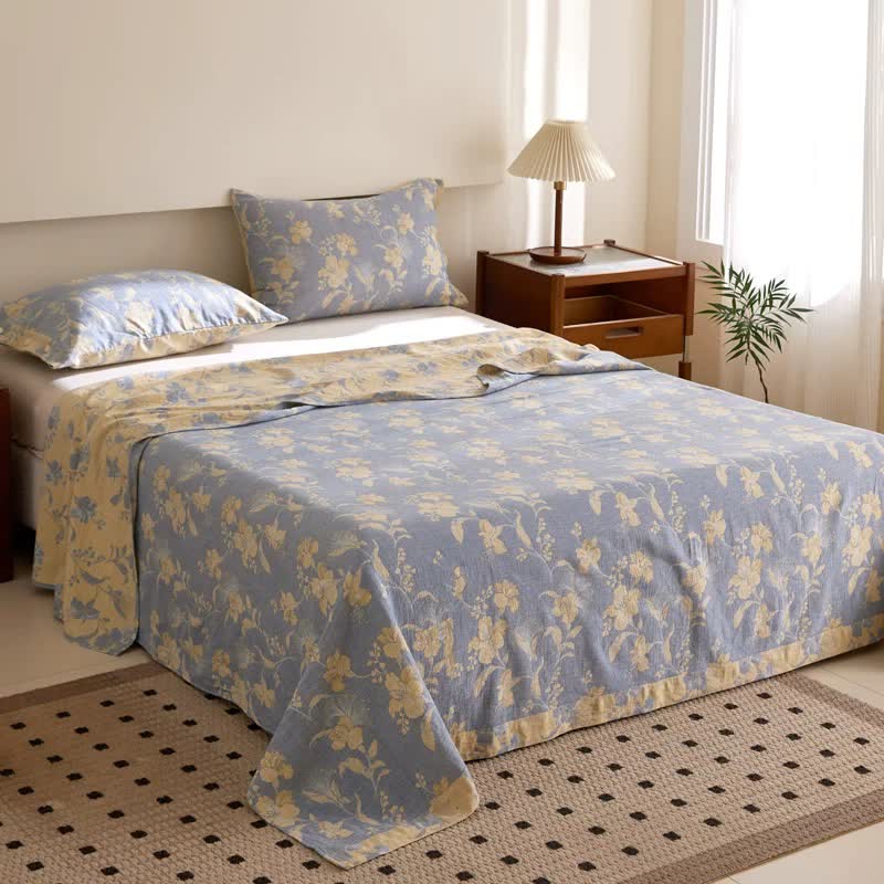 Couvre-lit Hibiscus en double gaze de coton et jacquard