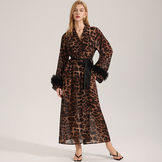 Peignoir kimono à manches longues imprimé léopard