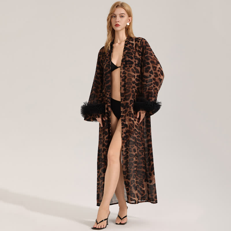 Peignoir kimono à manches longues imprimé léopard