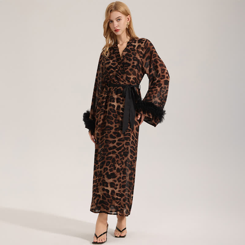Peignoir kimono à manches longues imprimé léopard