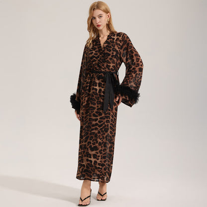 Peignoir kimono à manches longues imprimé léopard
